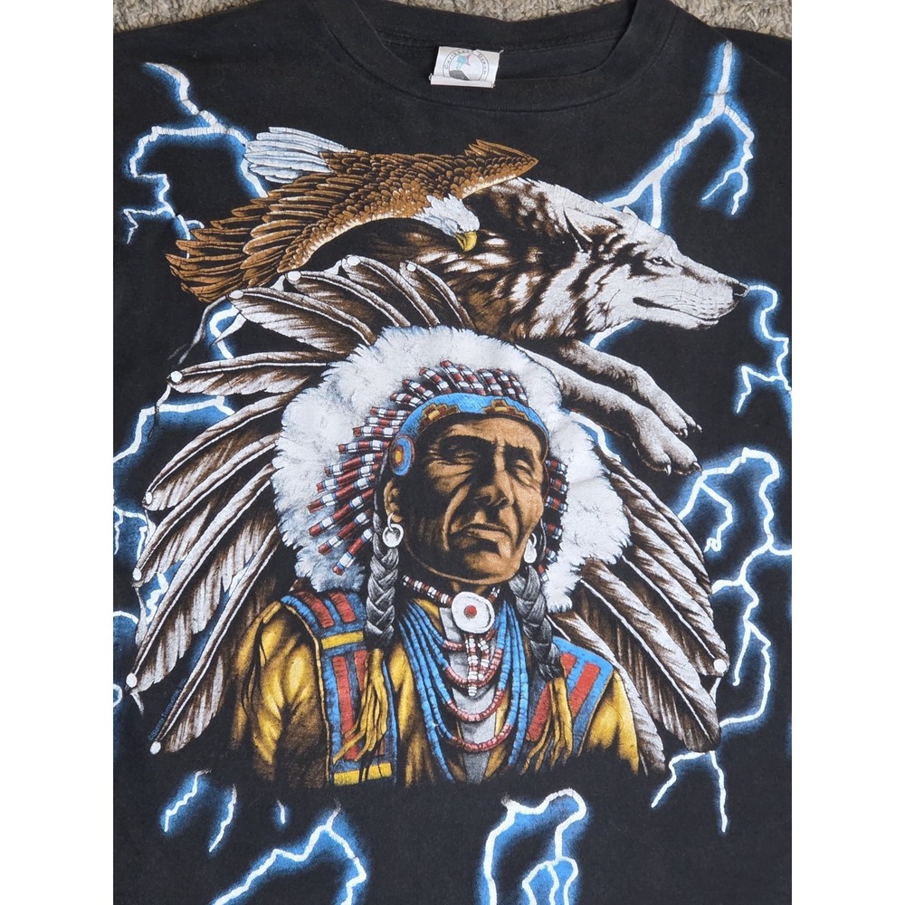 Vintage American Thunder Shirt Large Native American Chief Eagle Wolf Lightning